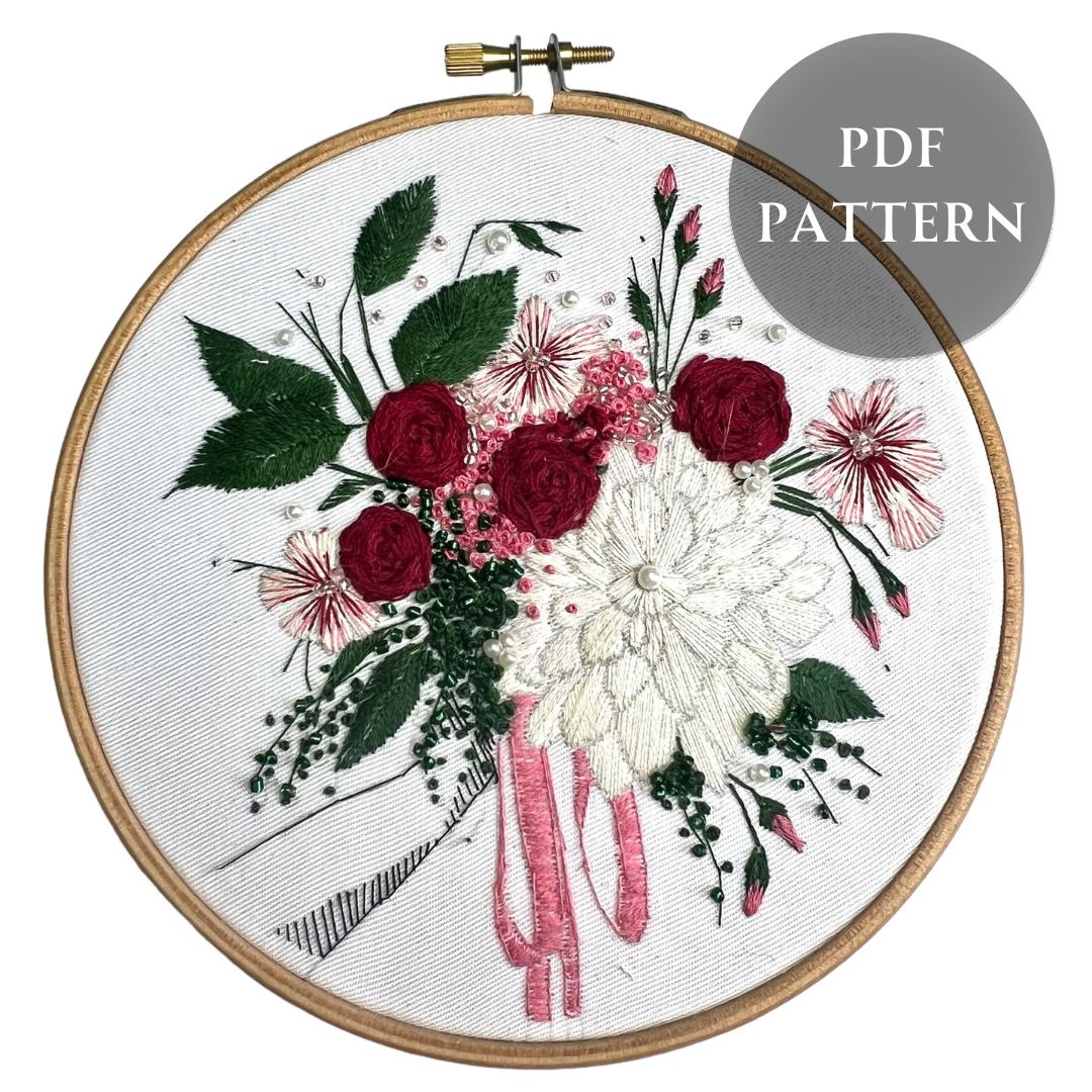 Autumn flower bouquet embroidery pattern  with cream and red flowers