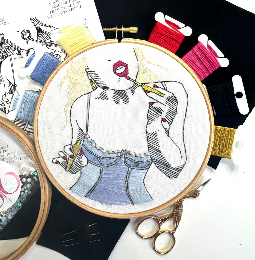 modern embroidery kit with lipstick detail and DMC threads