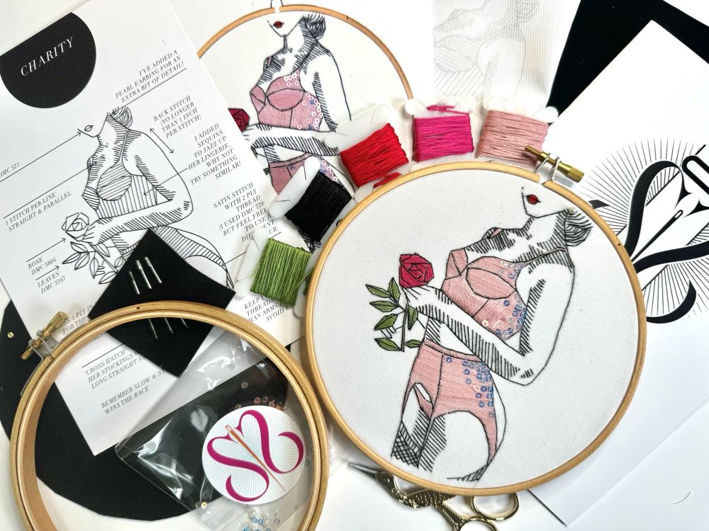 full embroidery kit with DMC threads, hoops, needles and instructions