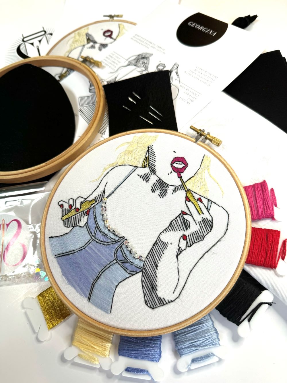 embroidery kit in blue with full materials 