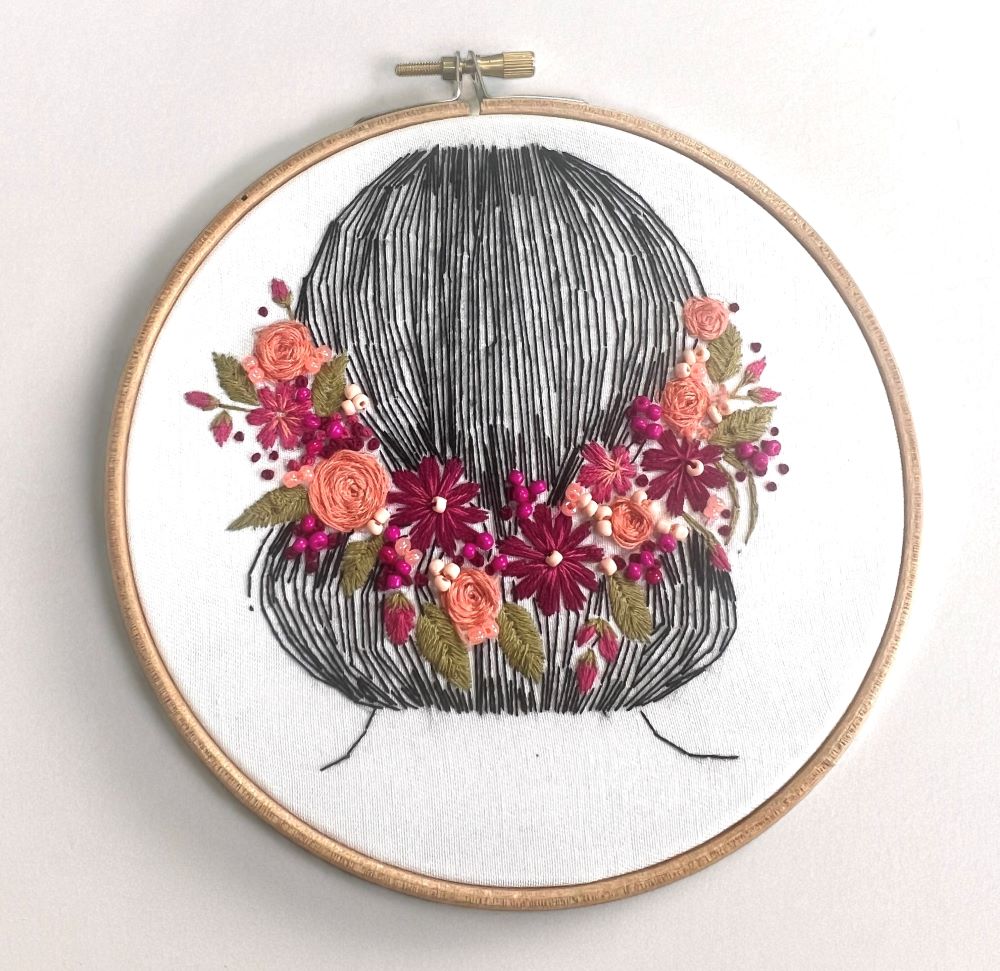 completed embroidery pattern beginner friendly embroidery kit including rose stitch, satin stitch, french knot and back stitch